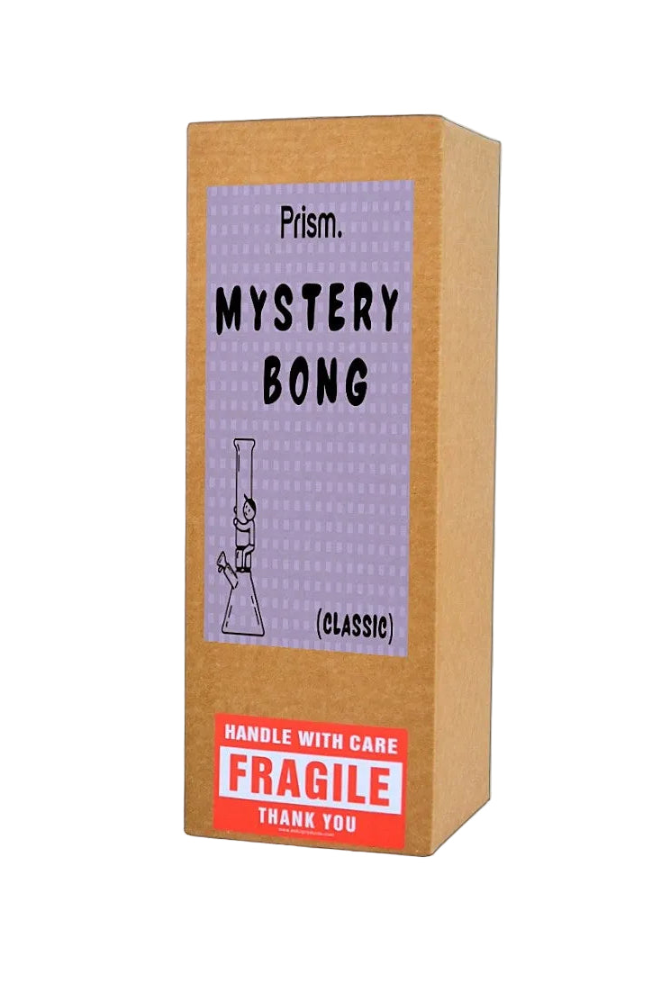 A brown cardboard box for 'Prism. Mystery Bong (Classic)' with a lavender label and a red 'Fragile' warning sticker, shown on a plain off-white background.