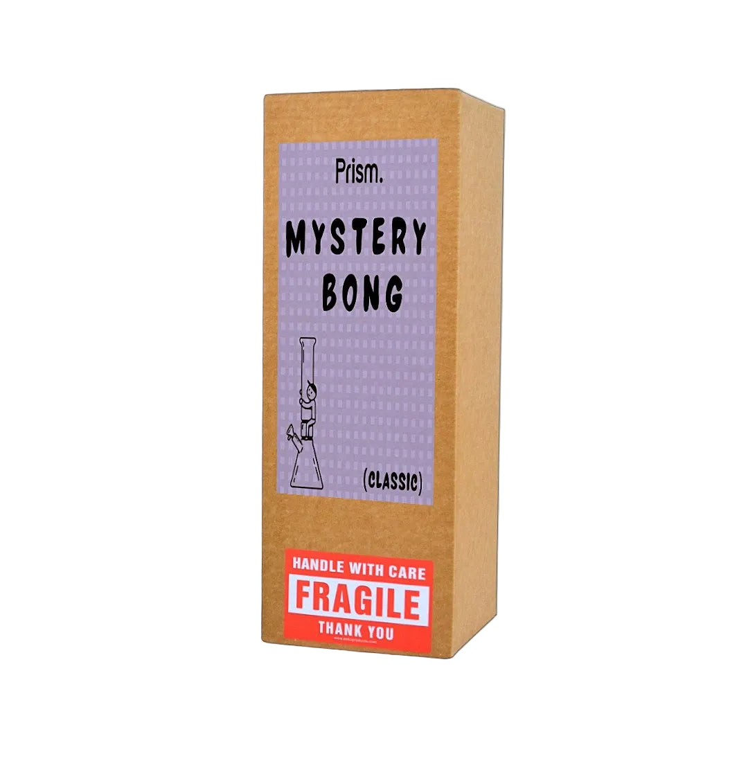A brown cardboard box for 'Prism. Mystery Bong (Classic)' with a lavender label and a red 'Fragile' warning sticker, shown on a plain off-white background.