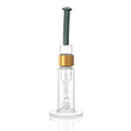 Clear Prism Klein incycler bong with a midnight black bent mouthpiece, gold Halo connector, recycler base, and built-in showerhead percolator.