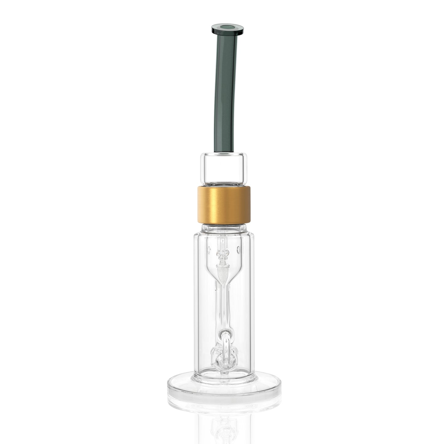 Clear Prism Klein incycler bong with a midnight black bent mouthpiece, gold Halo connector, recycler base, and built-in showerhead percolator.