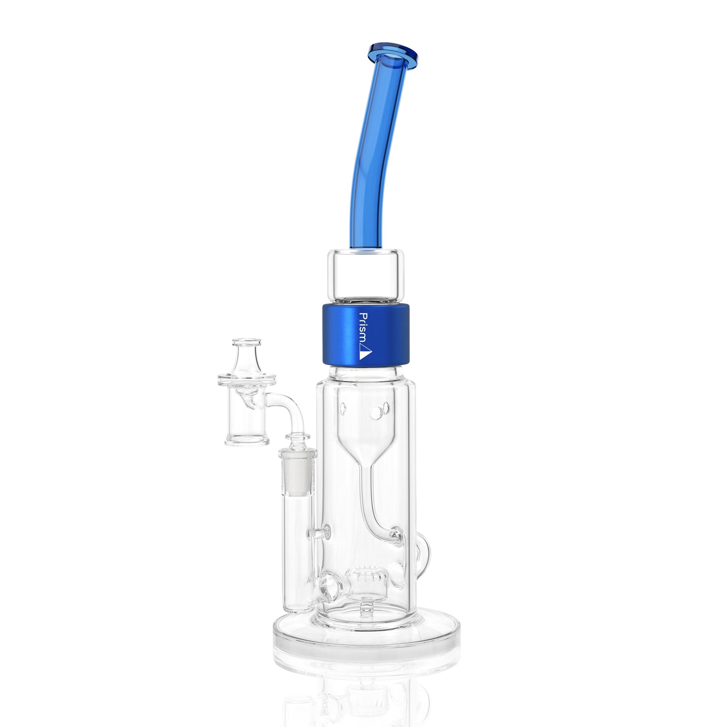 Clear Prism Klein incycler bong with a sapphire blue bent mouthpiece, blue Halo connector, recycler base, and built-in showerhead percolator.