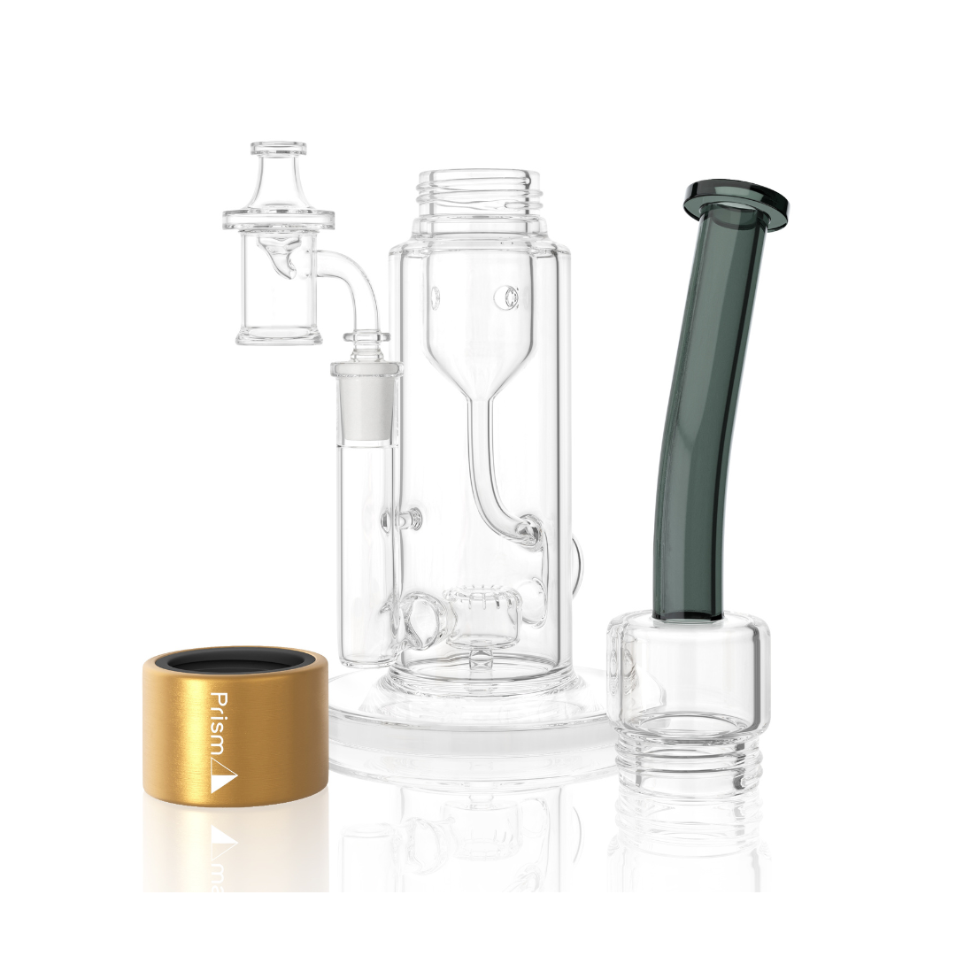 Clear Prism Klein incycler bong with a midnight black bent mouthpiece, gold Halo connector, recycler base, and built-in showerhead percolator.