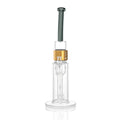 Clear Prism Klein incycler bong with a midnight black bent mouthpiece, gold Halo connector, recycler base, and built-in showerhead percolator.