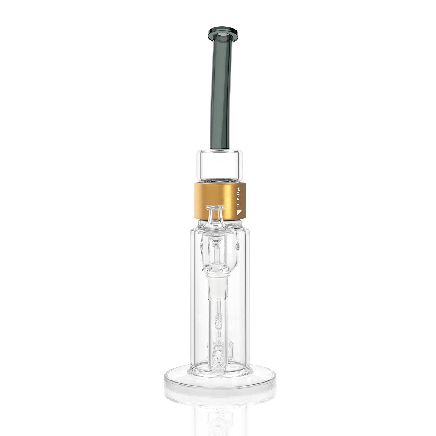 Clear Prism Klein incycler bong with a midnight black bent mouthpiece, gold Halo connector, recycler base, and built-in showerhead percolator.