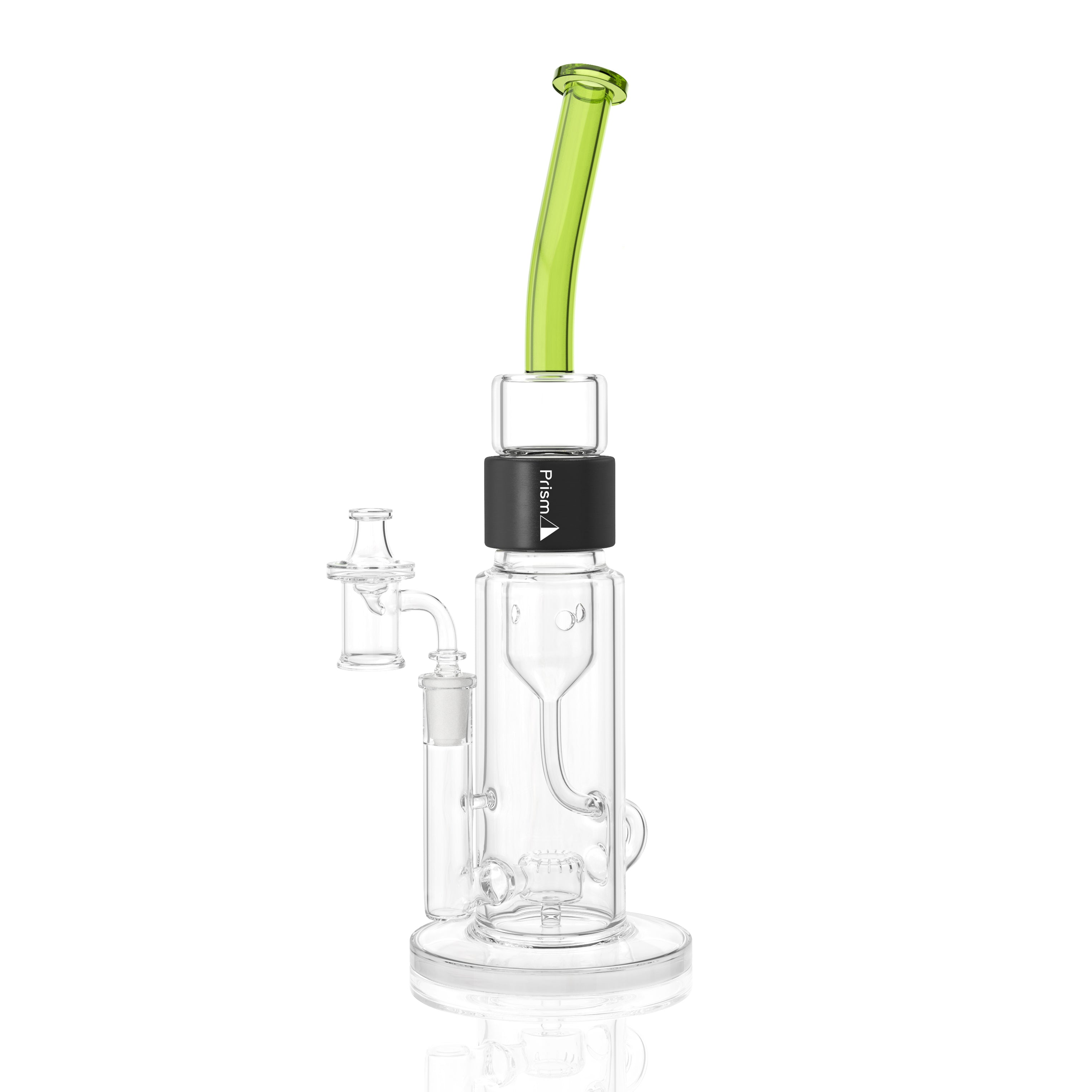 Clear Prism Klein incycler bong with a slime green bent mouthpiece, black Halo connector, recycler base, and built-in showerhead percolator.