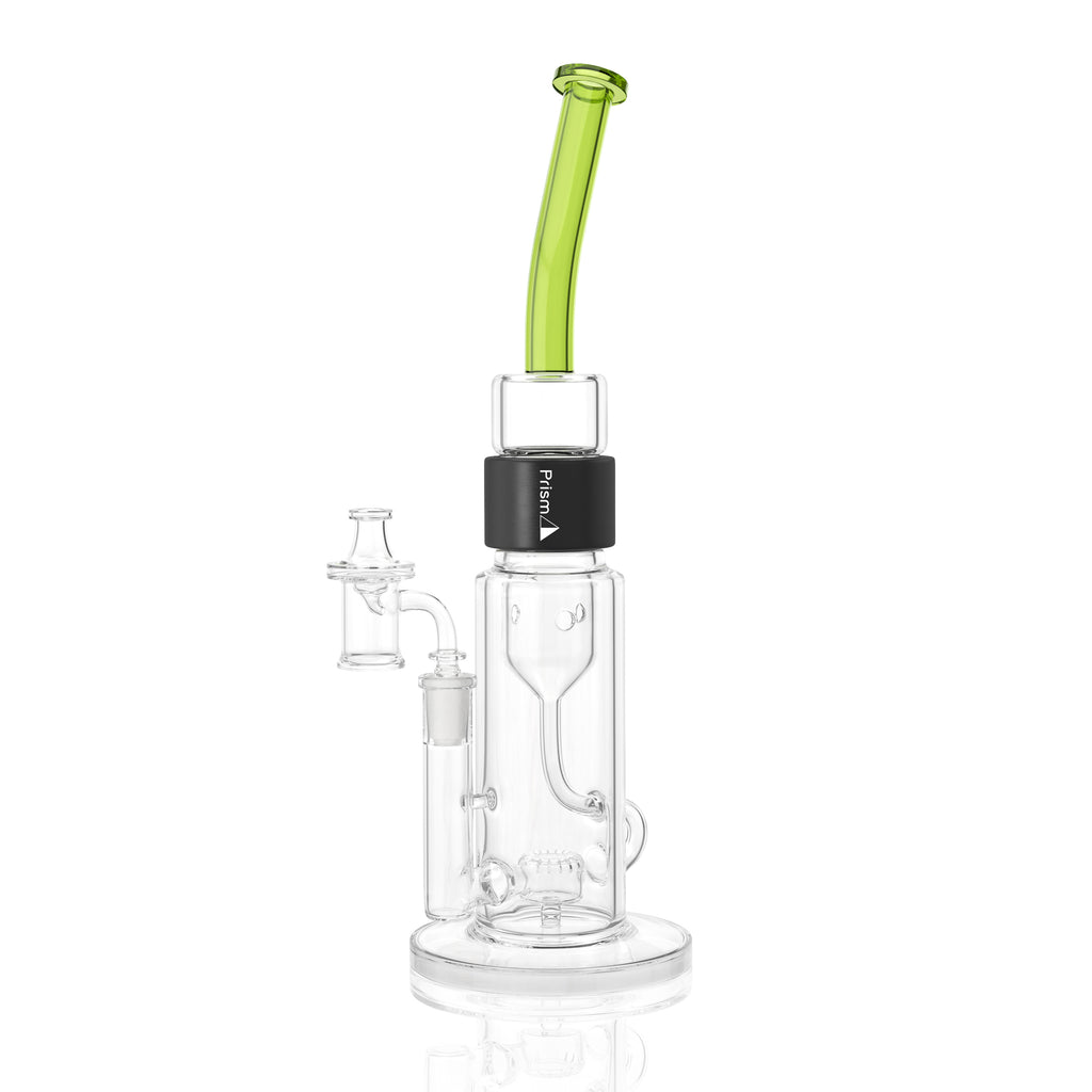 Clear Prism Klein incycler bong with a slime green bent mouthpiece, black Halo connector, recycler base, and built-in showerhead percolator.