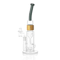 Clear Prism Klein incycler bong with a midnight black bent mouthpiece, gold Halo connector, recycler base, and built-in showerhead percolator.