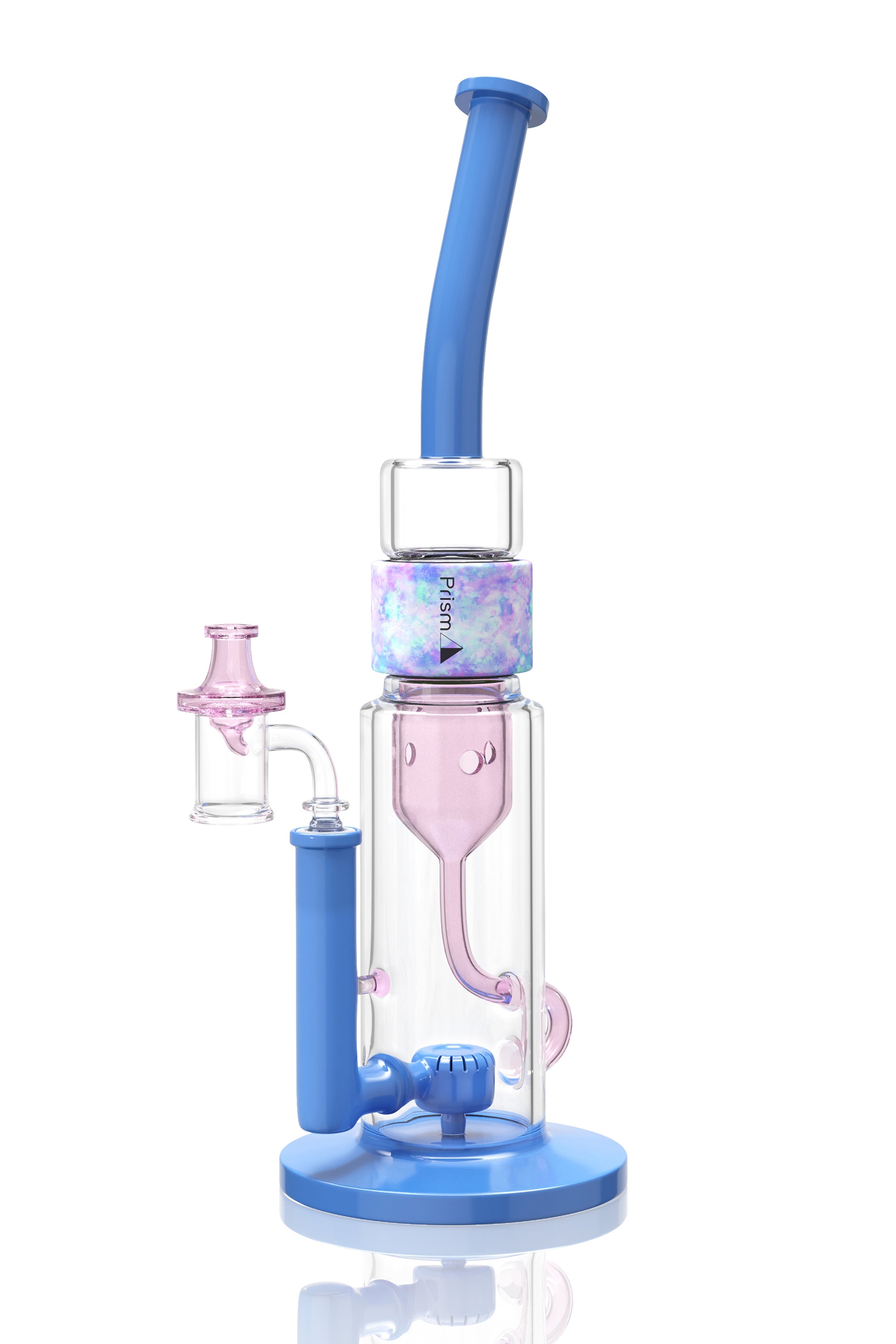 Blue and pink Prism Klein incycler bong with a bent mouthpiece, showerhead percolator, recycler base, and iridescent Halo connector.