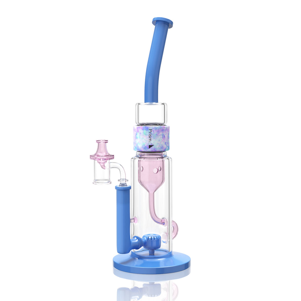 Blue and pink Prism Klein incycler bong with a bent mouthpiece, showerhead percolator, recycler base, and iridescent Halo connector.