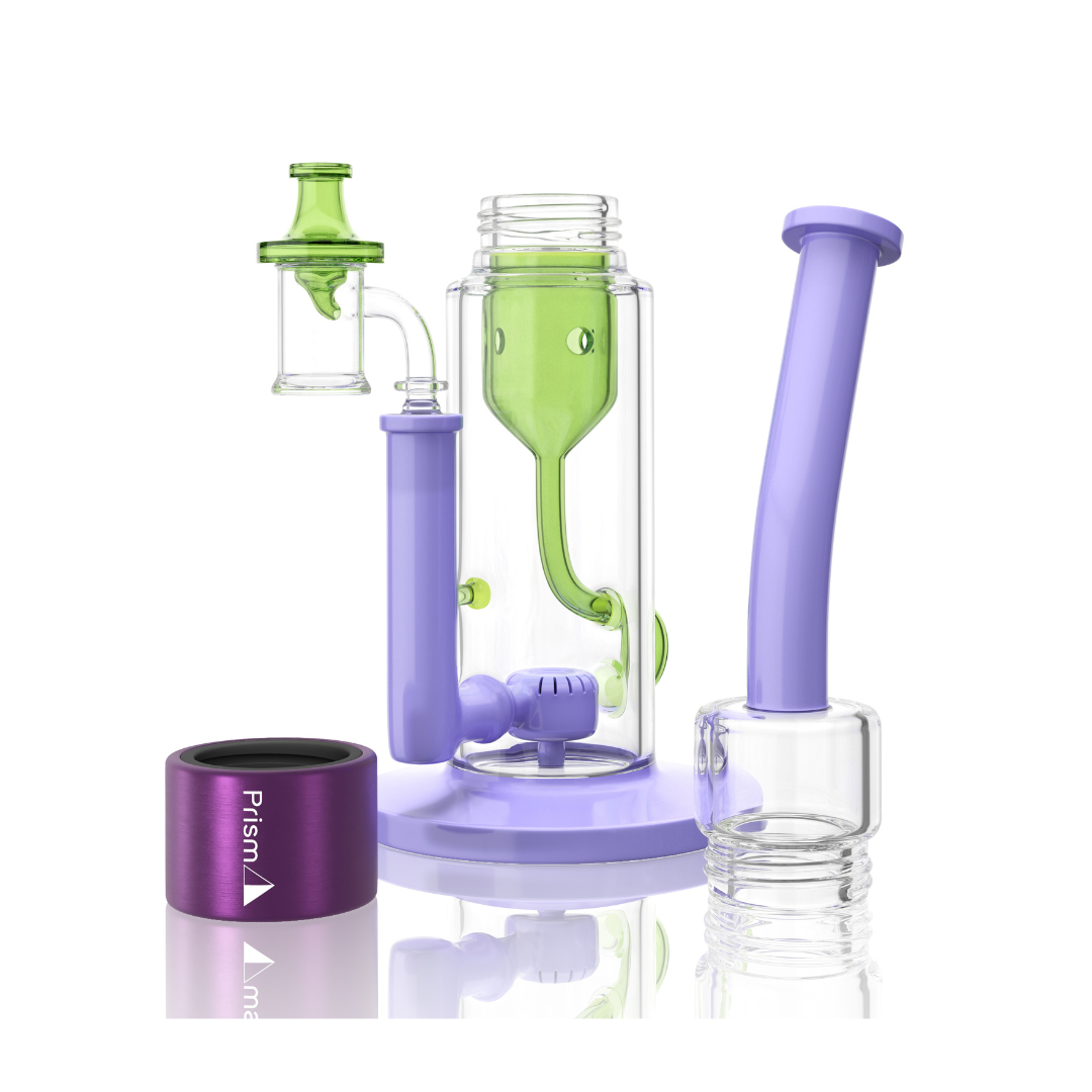 green and purple Prism Klein incycler bong with a bent mouthpiece, showerhead percolator, recycler base, and iridescent Halo connector. broken down view