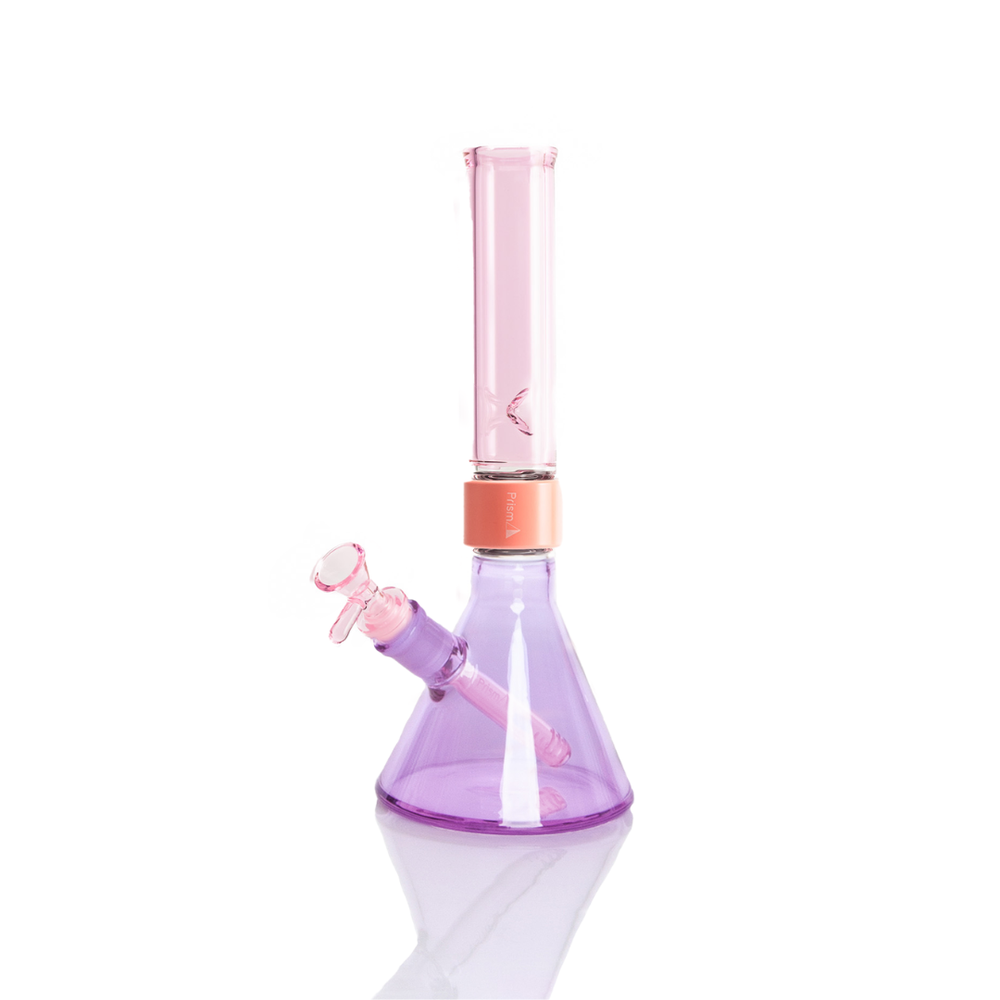 Prism MINI Duo Standard Beaker Single Stack in Grape Jolly Rancher and Pink Lemonade. A compact modular glass bong featuring a 5mm thick borosilicate beaker base in translucent Grape Jolly Rancher purple, a coral anodized aluminum MINI Halo connector, and a MINI translucent Pink Lemonade standard mouthpiece. Includes matching Pink Lemonade glass MINI downstem and 14mm bowl.