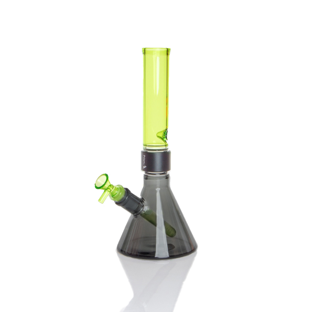 Prism MINI Duo Standard Beaker Single Stack in Midnight Black and Slime Green. A compact modular glass water pipe featuring a Midnight Black beaker base, black anodized aluminum MINI Halo connector, and a Slime Green standard MINI mouthpiece. Includes matching Slime Green glass MINI downstem and 14mm bowl. Crafted from premium borosilicate glass for durability and easy cleaning.