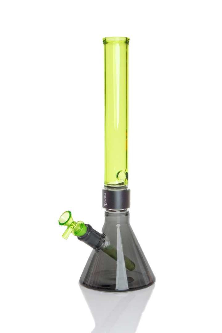 Prism MINI Duo Tall Beaker Single Stack in Midnight Black and Slime Green. A compact modular glass water pipe featuring a Midnight Black beaker base, black anodized aluminum MINI Halo connector, and a Slime Green tall MINI mouthpiece. Includes matching Slime Green glass MINI downstem and 14mm bowl. Crafted from premium borosilicate glass for portability and modular customization.