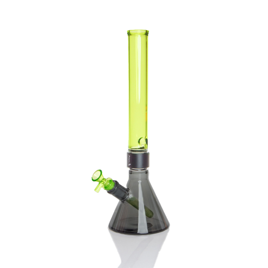 Prism MINI Duo Tall Beaker Single Stack in Midnight Black and Slime Green. A compact modular glass water pipe featuring a Midnight Black beaker base, black anodized aluminum MINI Halo connector, and a Slime Green tall MINI mouthpiece. Includes matching Slime Green glass MINI downstem and 14mm bowl. Crafted from premium borosilicate glass for portability and modular customization.