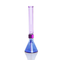 Prism MINI Duo Tall Beaker Single Stack in Sapphire Blue and Grape Jolly Rancher. A compact modular glass bong featuring a 5mm thick borosilicate beaker base in translucent Grape Jolly Rancher purple, a purple anodized aluminum MINI Halo connector, and a translucent Sapphire Blue tall MINI mouthpiece. Includes matching Grape Jolly Rancher glass MINI downstem and 14mm bowl.