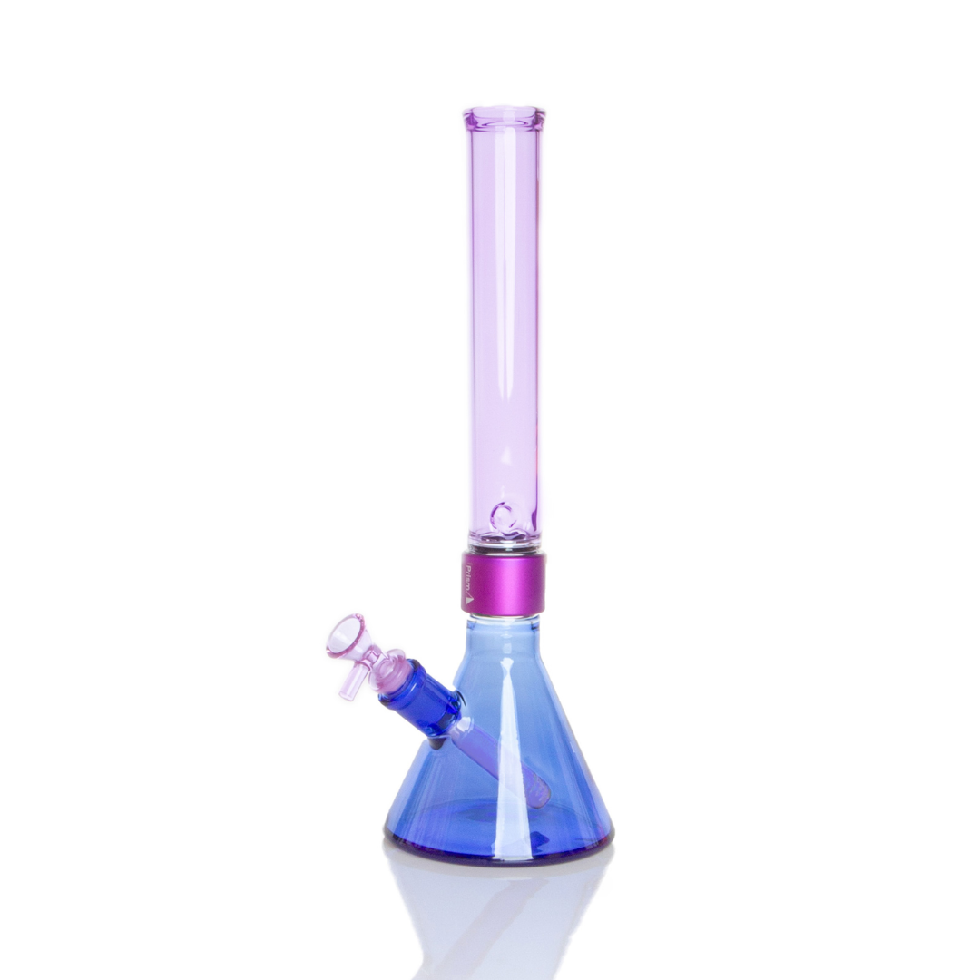 Prism MINI Duo Tall Beaker Single Stack in Sapphire Blue and Grape Jolly Rancher. A compact modular glass bong featuring a 5mm thick borosilicate beaker base in translucent Grape Jolly Rancher purple, a purple anodized aluminum MINI Halo connector, and a translucent Sapphire Blue tall MINI mouthpiece. Includes matching Grape Jolly Rancher glass MINI downstem and 14mm bowl.