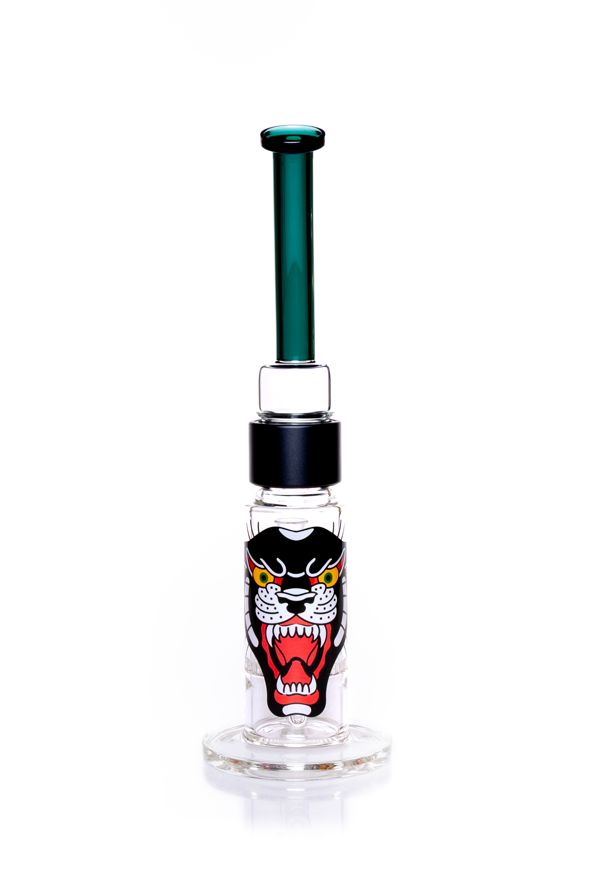 Back view of the Prism honeycomb glass water pipe featuring a large, central panther graphic on the base. The illustration is a vibrant tattoo-style design that wraps the thick borosilicate honeycomb pipe. Image highlights the dual-disc filtration system and the connection between the black anodized aluminum fitting and the bent teal top section. Includes the clear 18mm slide joint for a dry herb accessory. Customizable easy clean water pipe for collectors.