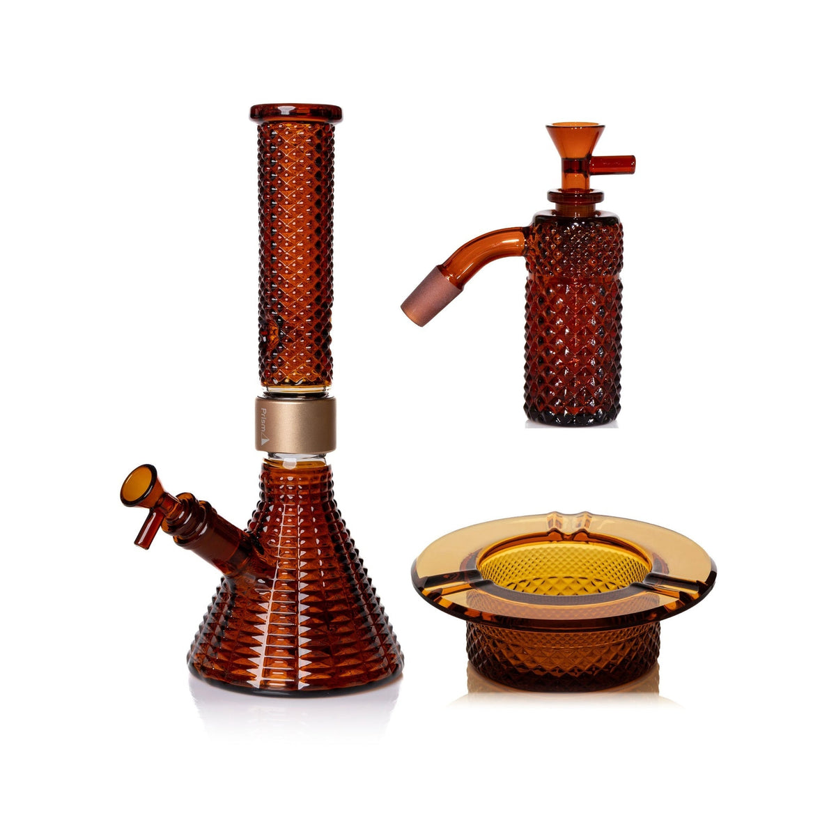 Jane West Premium Bundle: Amber 45° ash catcher, Amber Jane West beaker bong and Amber ashtray