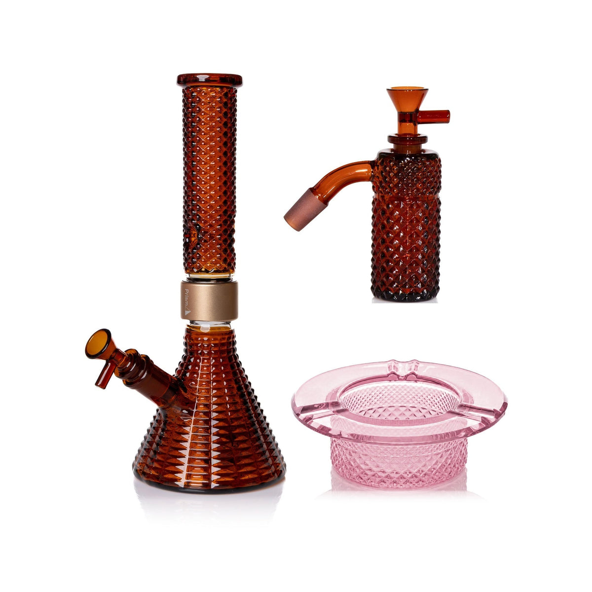 Jane West Premium Bundle: Amber 45° ash catcher, Amber Jane West beaker bong and Pink Lemonade ashtray