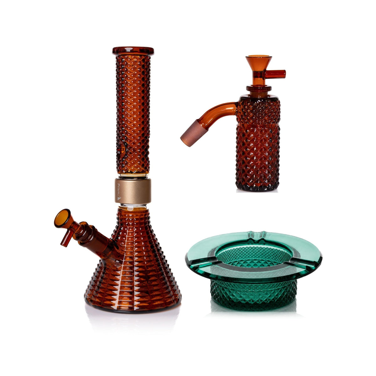Jane West Premium Bundle: Amber 45° ash catcher, Amber Jane West beaker bong and Teal ashtray
