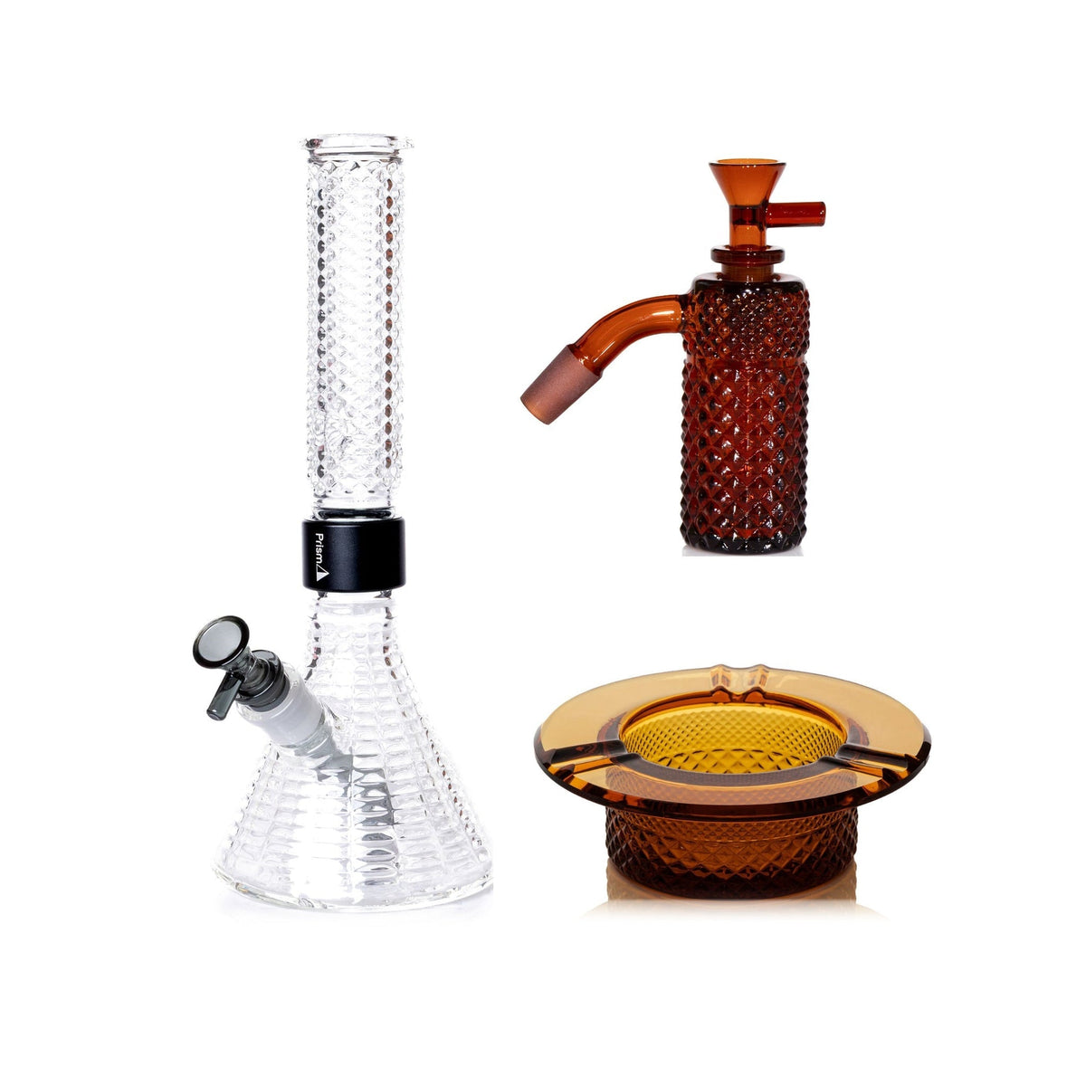 Jane West Premium Bundle: Amber 45° ash catcher, Clear Jane West beaker bong and Amber ashtray
