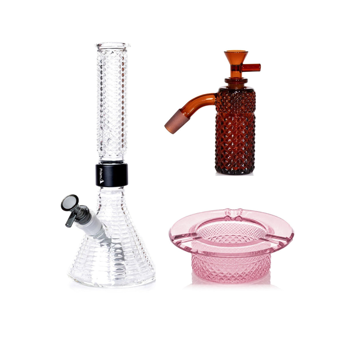 Jane West Premium Bundle: Amber 45° ash catcher, Clear Jane West beaker bong and Pink Lemonade ashtray