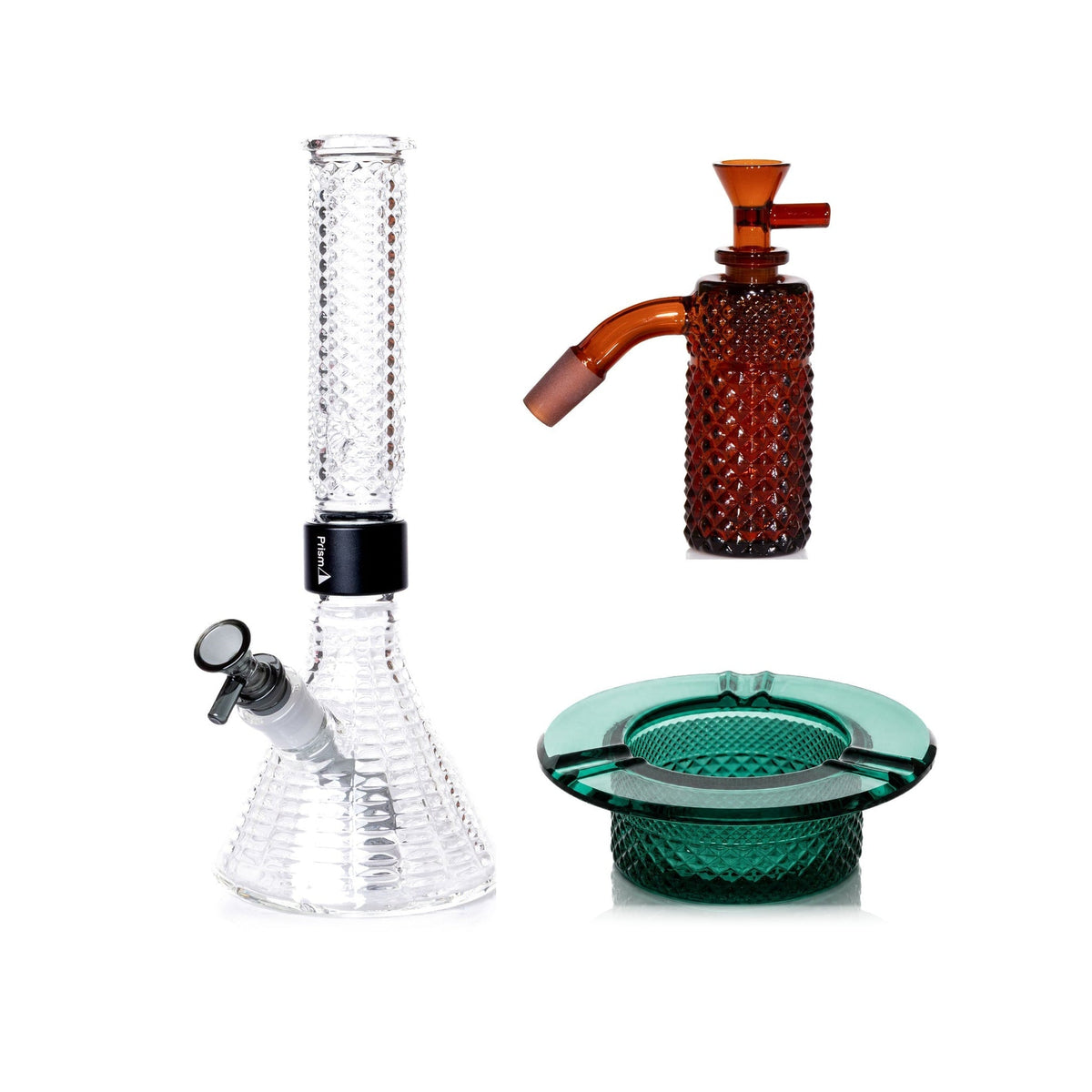 Jane West Premium Bundle: Amber 45° ash catcher, Clear Jane West beaker bong and Teal ashtray