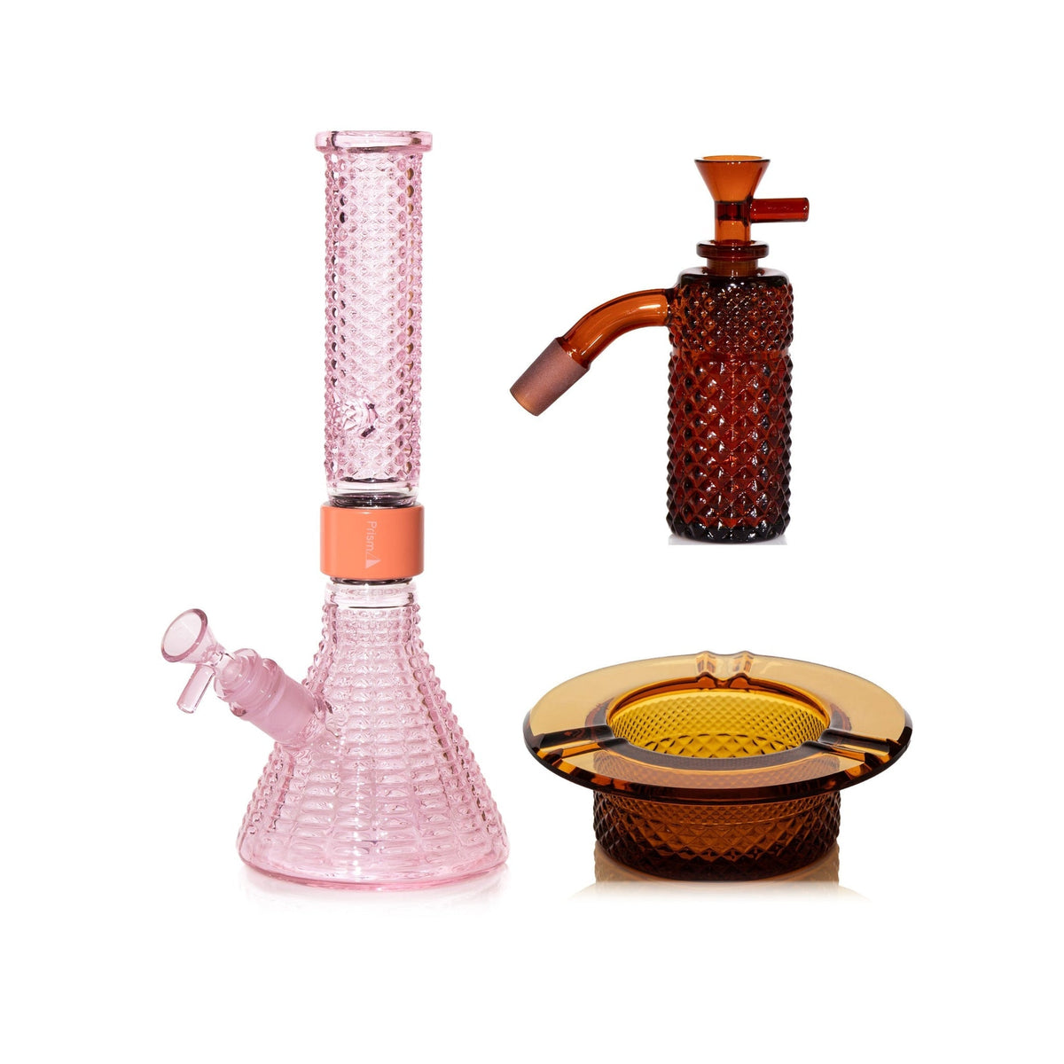 Jane West Premium Bundle: Amber 45° ash catcher, Pink Lemonade Jane West beaker bong and Amber ashtray