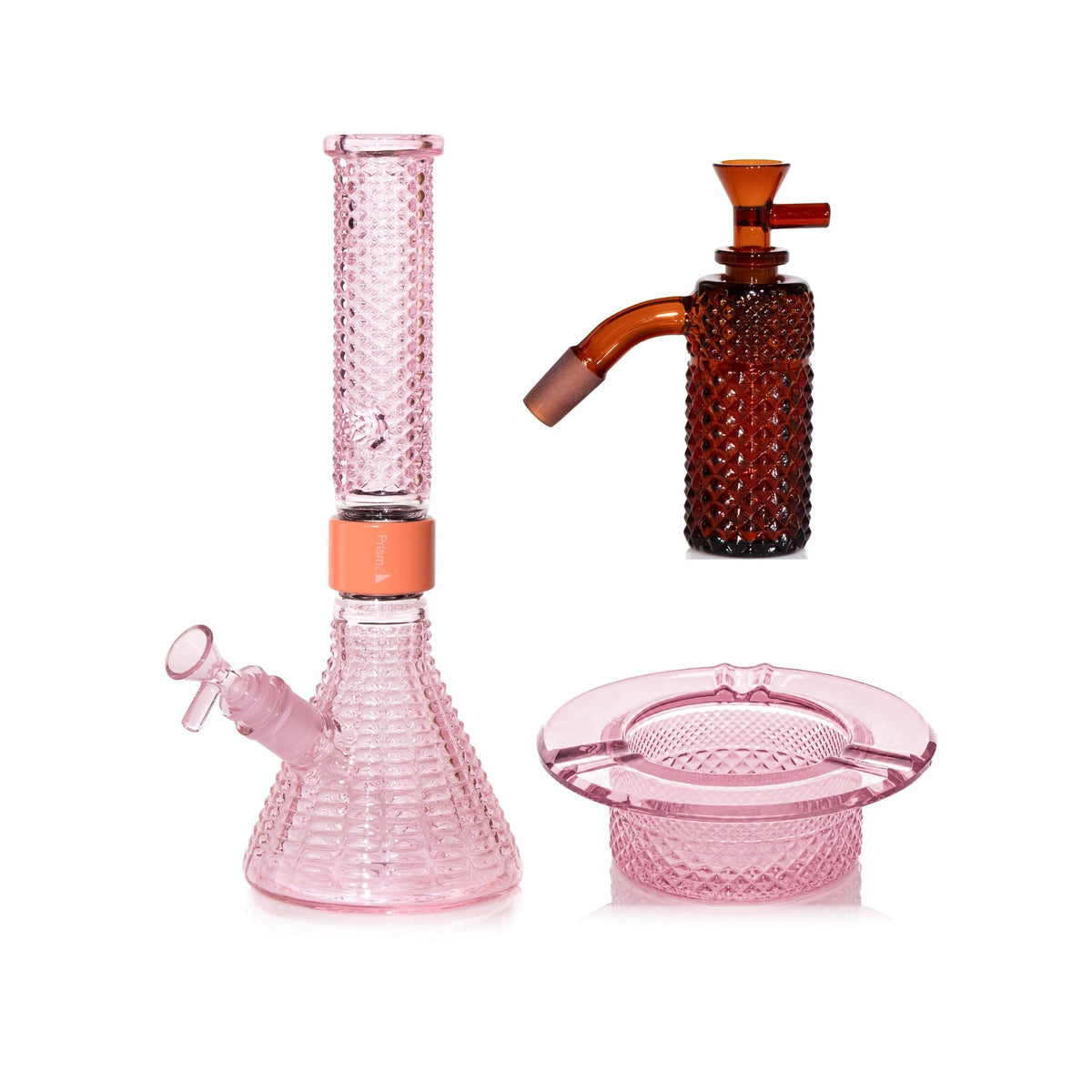 Jane West Premium Bundle: Amber 45° ash catcher, Pink Lemonade Jane West beaker bong and Pink Lemonade ashtray