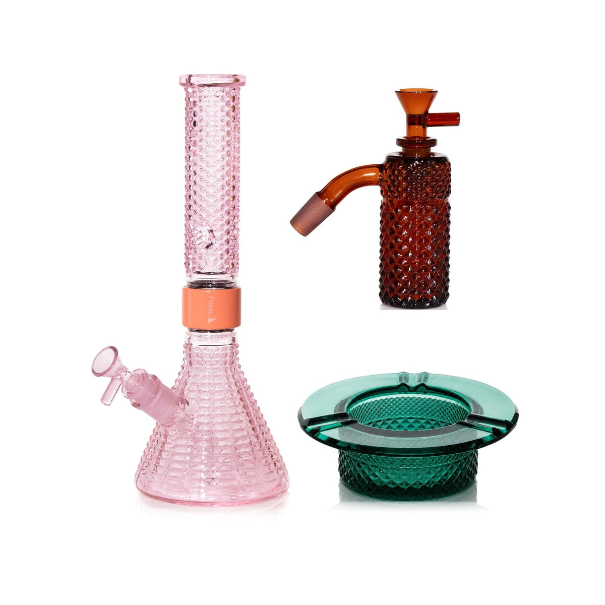 Jane West Premium Bundle: Amber 45° ash catcher, Pink Lemonade Jane West beaker bong and Teal ashtray