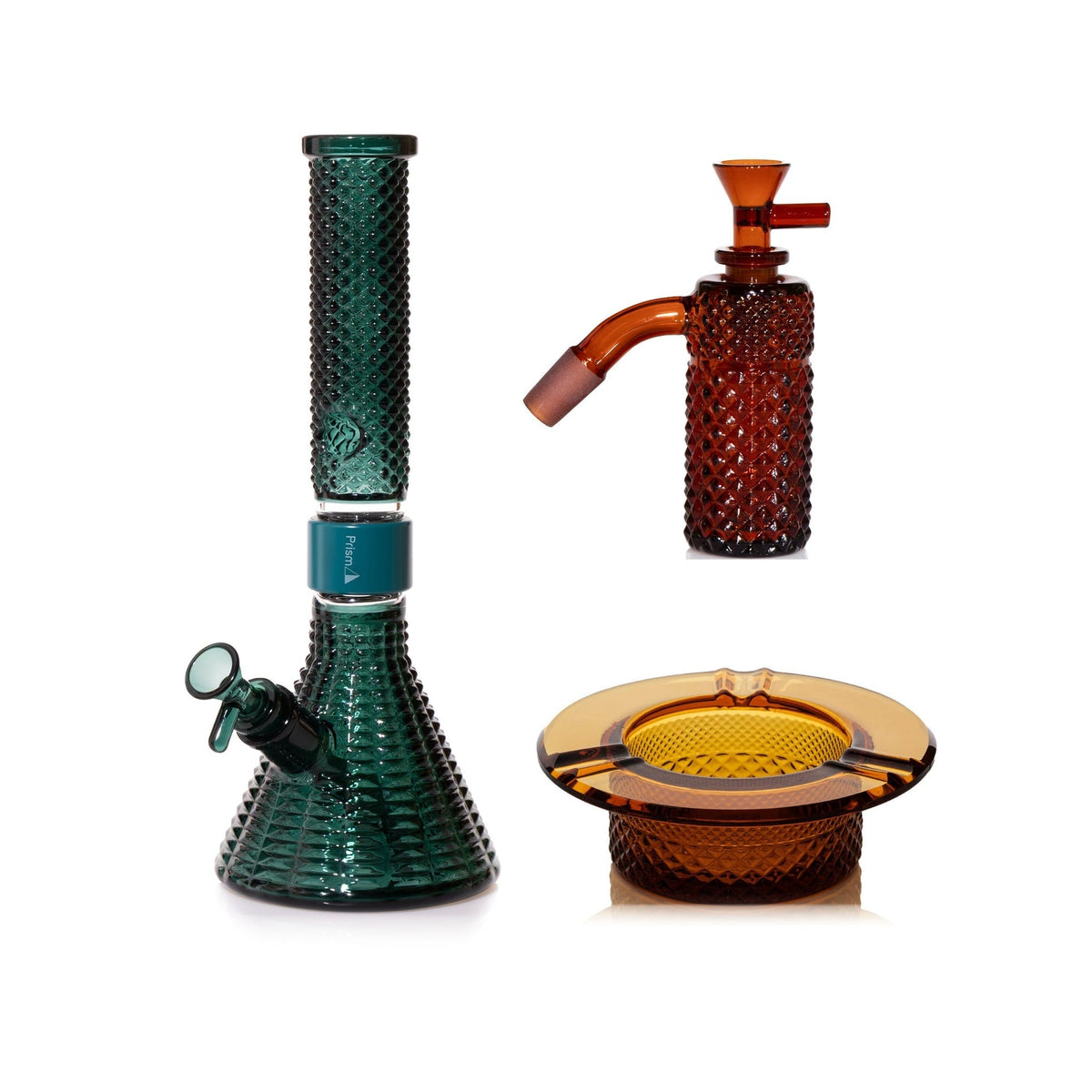 Jane West Premium Bundle: Amber 45° ash catcher, Teal Jane West beaker bong and Amber ashtray