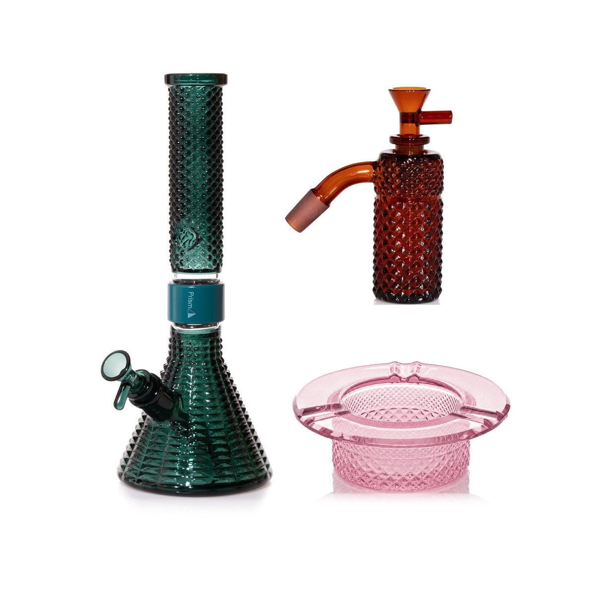 Jane West Premium Bundle: Amber 45° ash catcher, Teal Jane West beaker bong and Pink Lemonade ashtray