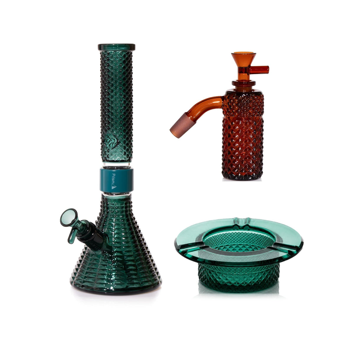 Jane West Premium Bundle: Amber 45° ash catcher, Teal Jane West beaker bong and Teal ashtray