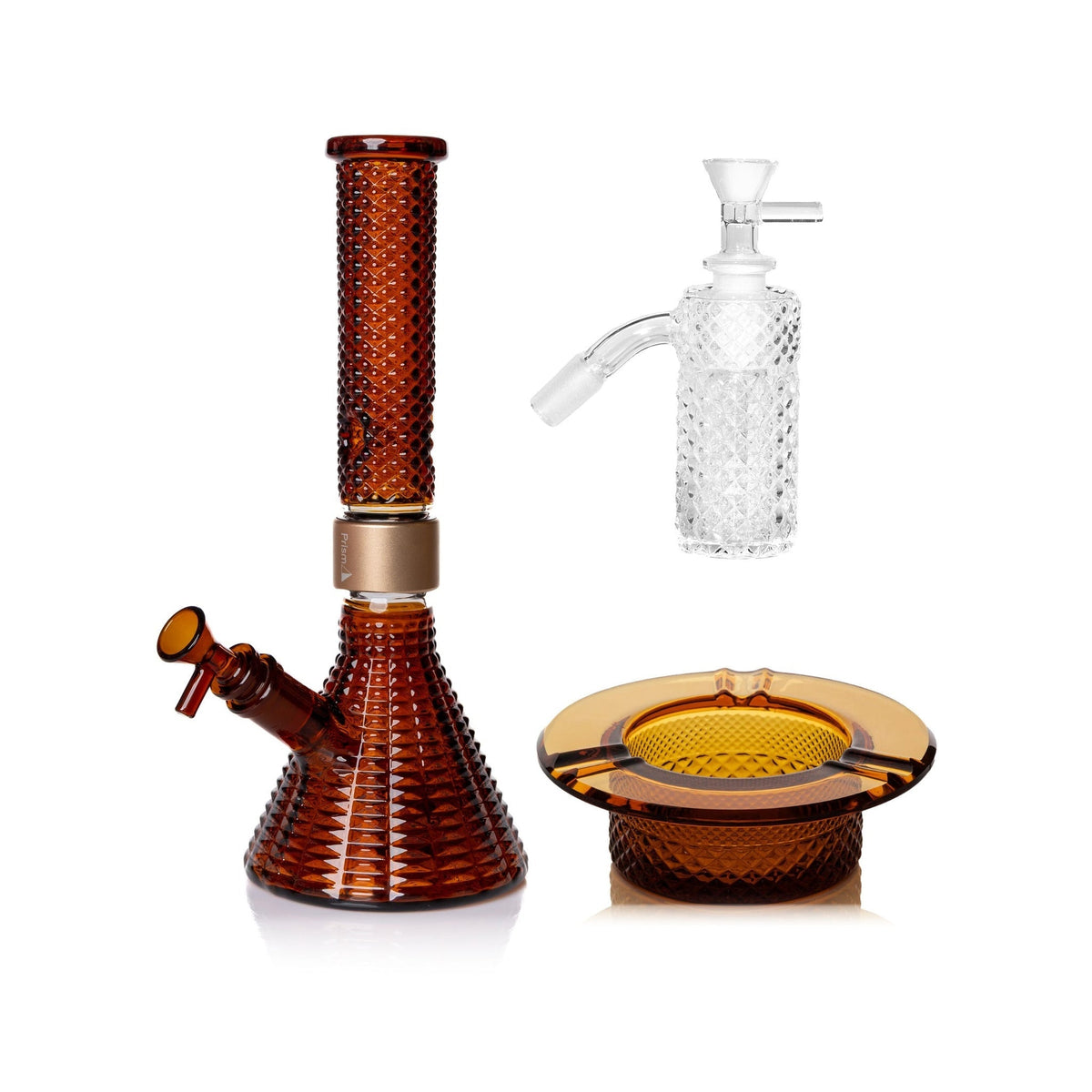 Jane West Premium Bundle: Clear 45° ash catcher, Amber Jane West beaker bong and Amber ashtray