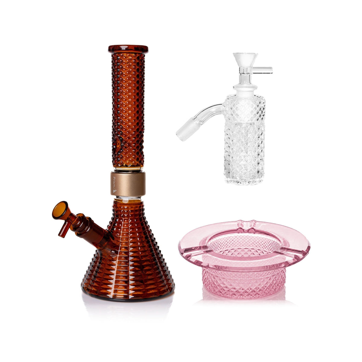 Jane West Premium Bundle: Clear 45° ash catcher, Amber Jane West beaker bong and Pink Lemonade ashtray