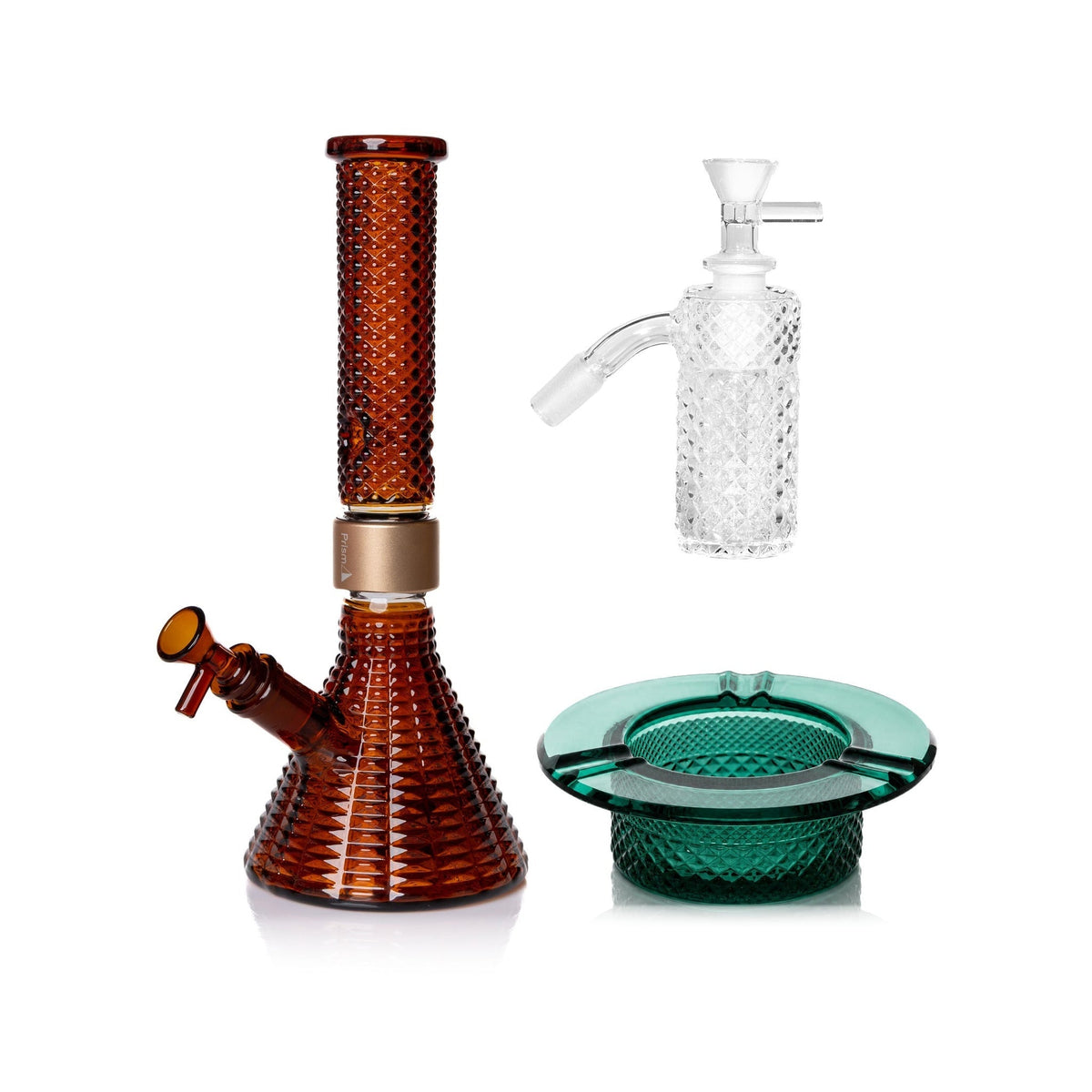 Jane West Premium Bundle: Clear 45° ash catcher, Amber Jane West beaker bong and Teal ashtray