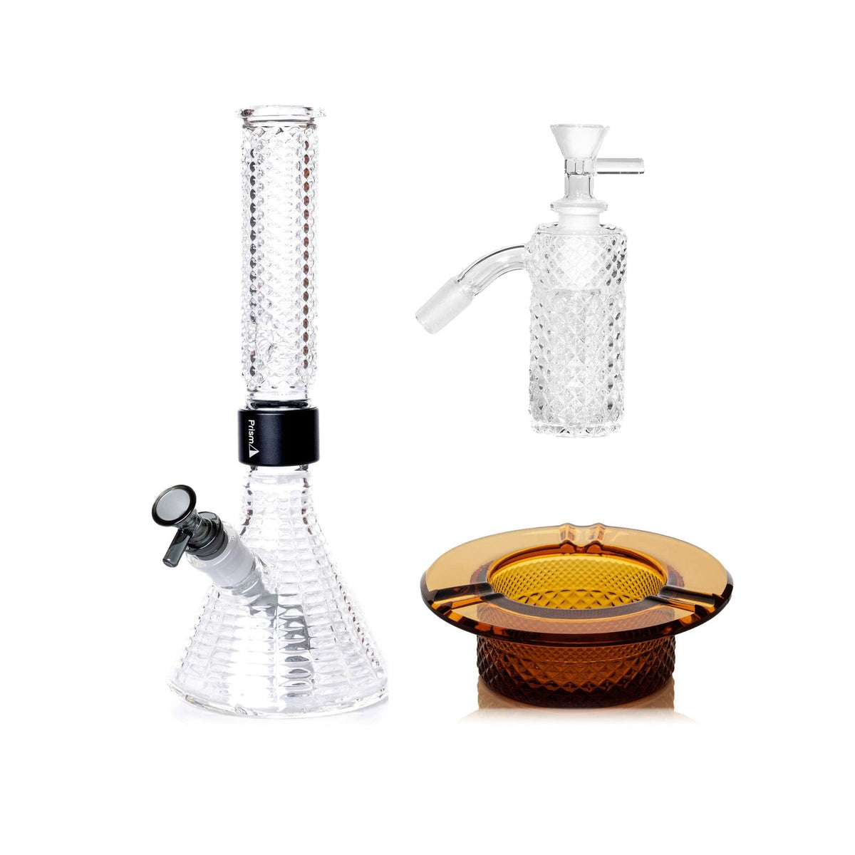Jane West Premium Bundle: Clear 45° ash catcher, Clear Jane West beaker bong and Amber ashtray