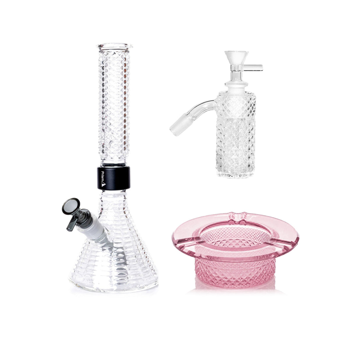 Jane West Premium Bundle: Clear 45° ash catcher, Clear Jane West beaker bong and Pink Lemonade ashtray