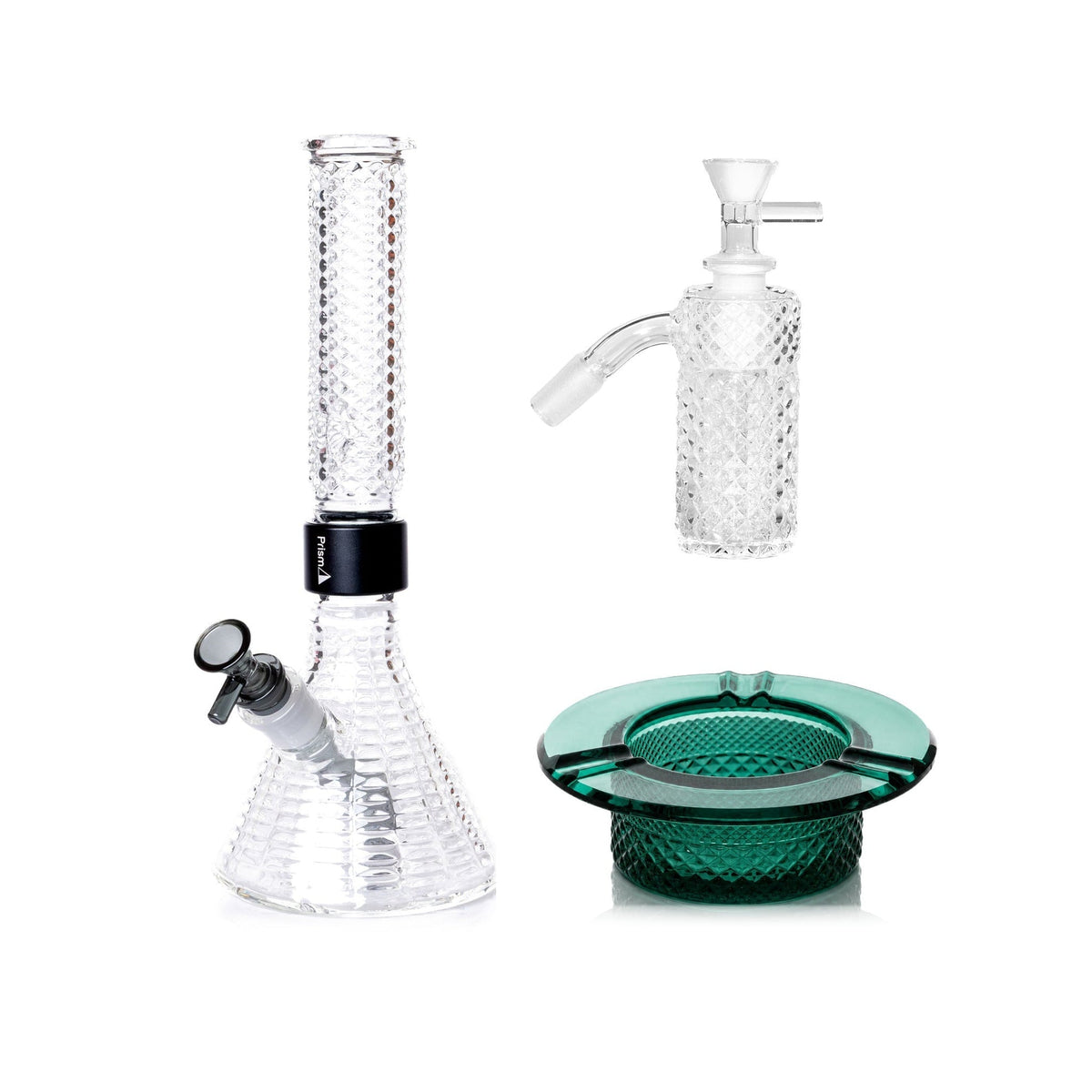 Jane West Premium Bundle: Clear 45° ash catcher, Clear Jane West beaker bong and Teal ashtray