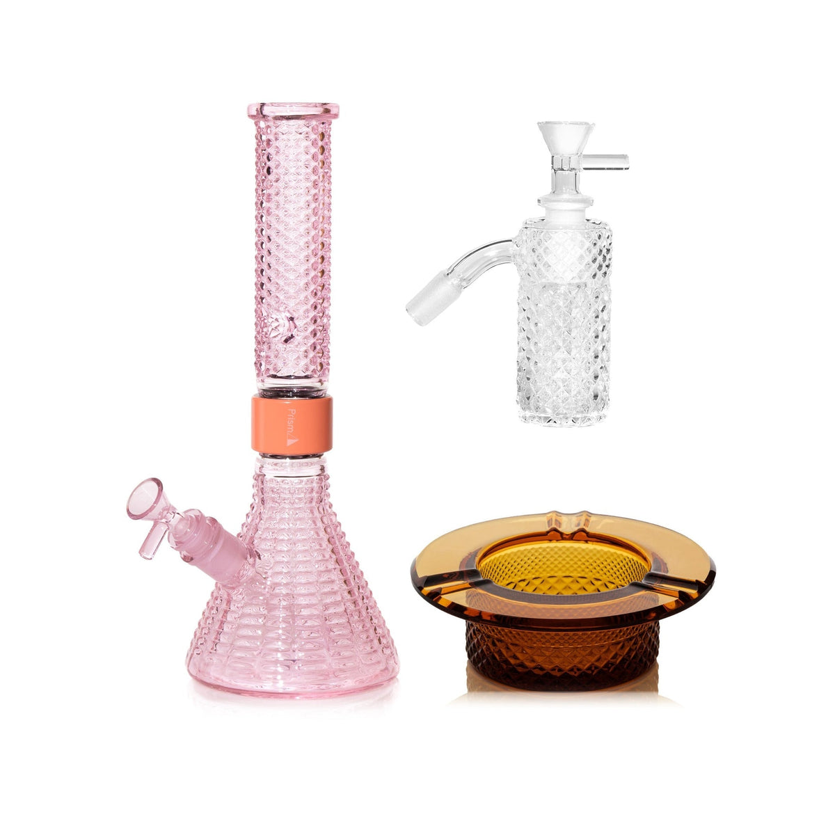 Jane West Premium Bundle: Clear 45° ash catcher, Pink Lemonade Jane West beaker bong and Amber ashtray