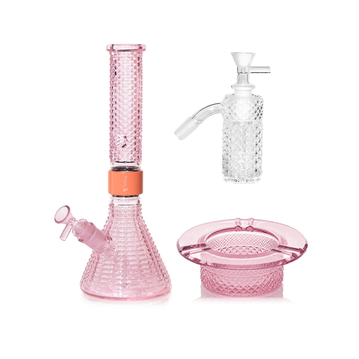 Jane West Premium Bundle: Clear 45° ash catcher, Pink Lemonade Jane West beaker bong and Pink Lemonade ashtray
