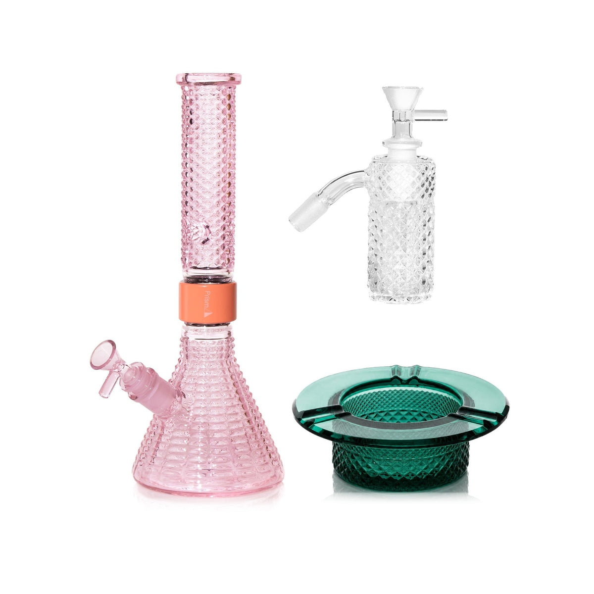 Jane West Premium Bundle: Clear 45° ash catcher, Pink Lemonade Jane West beaker bong and Teal ashtray