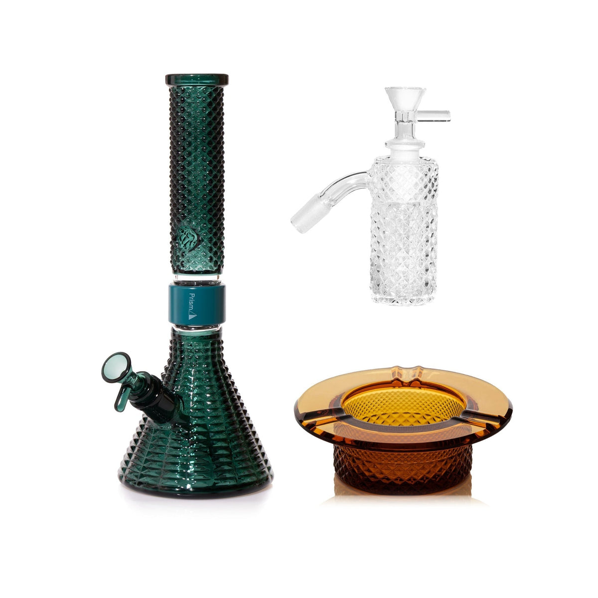 Jane West Premium Bundle: Clear 45° ash catcher, Teal Jane West beaker bong and Amber ashtray