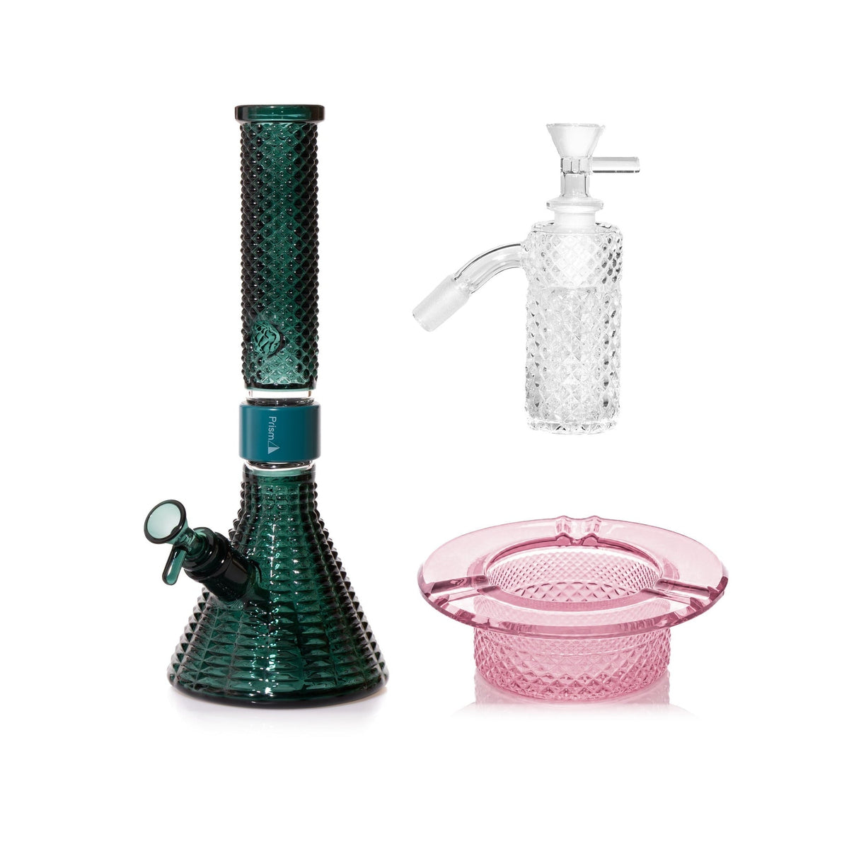 Jane West Premium Bundle: Clear 45° ash catcher, Teal Jane West beaker bong and Pink Lemonade ashtray