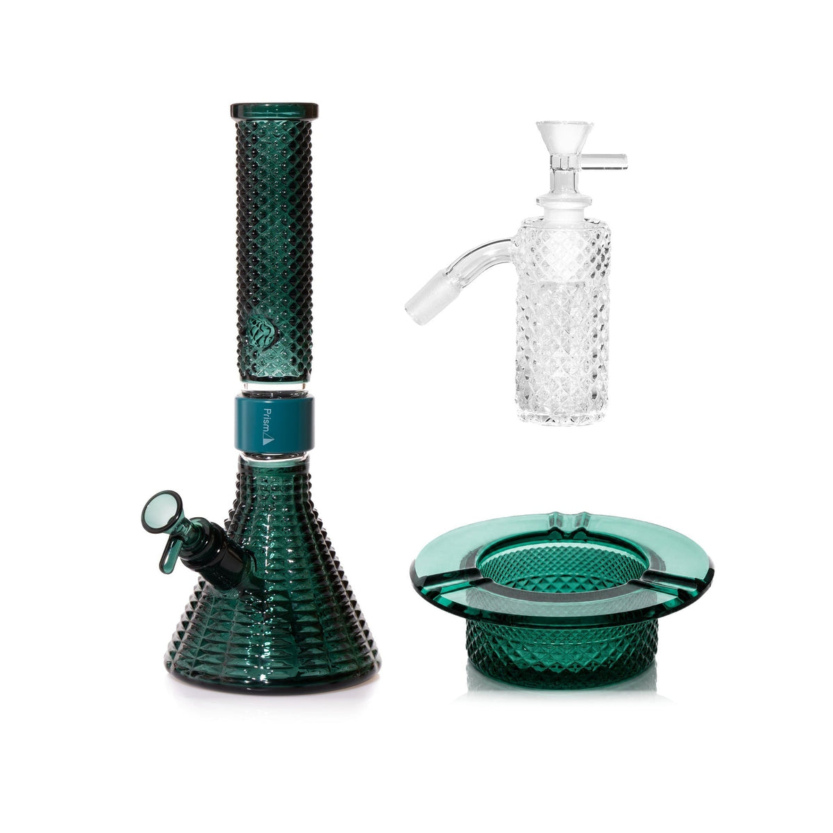 Jane West Premium Bundle: Clear 45° ash catcher, Teal Jane West beaker bong and Teal ashtray