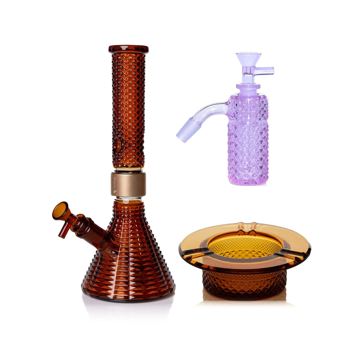 Jane West Premium Bundle: Grape Jolly Rancher 45° ash catcher, Amber Jane West beaker bong and Amber ashtray