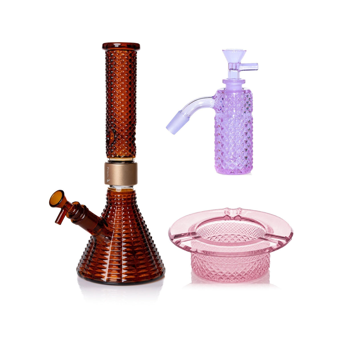 Jane West Premium Bundle: Grape Jolly Rancher 45° ash catcher, Amber Jane West beaker bong and Pink Lemonade ashtray