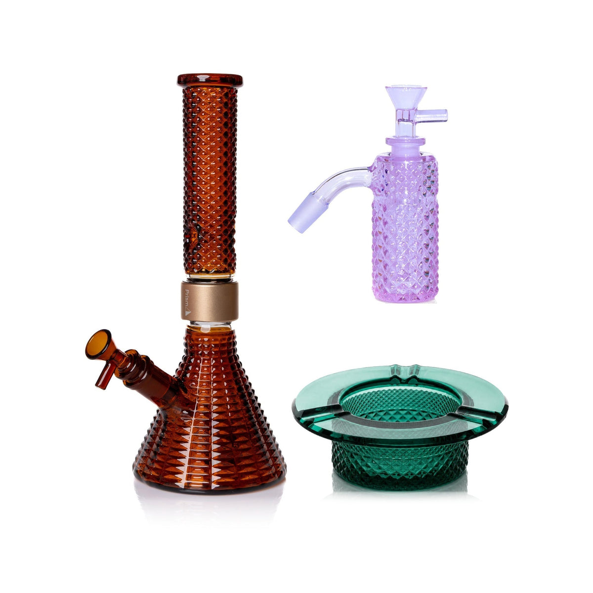Jane West Premium Bundle: Grape Jolly Rancher 45° ash catcher, Amber Jane West beaker bong and Teal ashtray