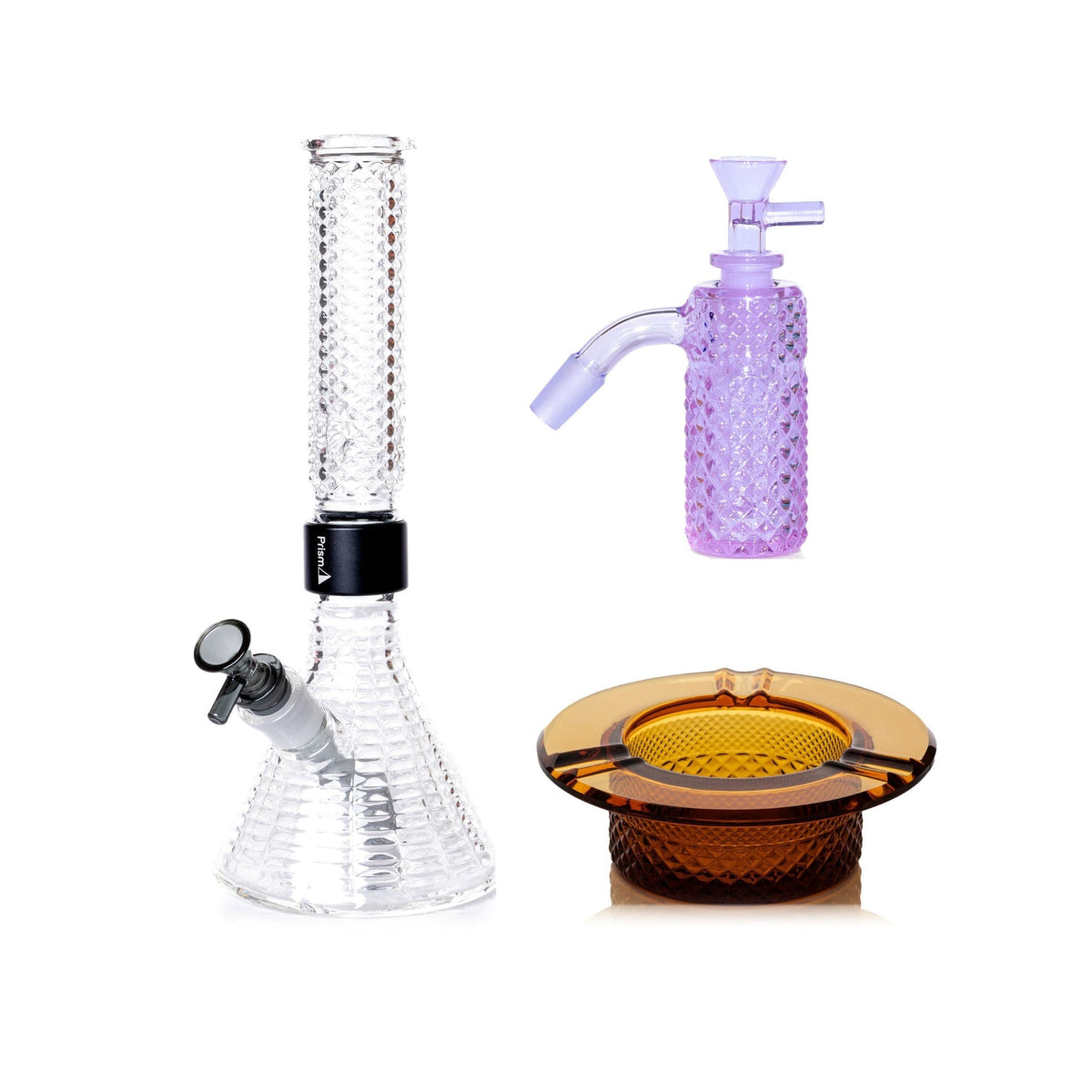 Jane West Premium Bundle: Grape Jolly Rancher 45° ash catcher, Clear Jane West beaker bong and Amber ashtray