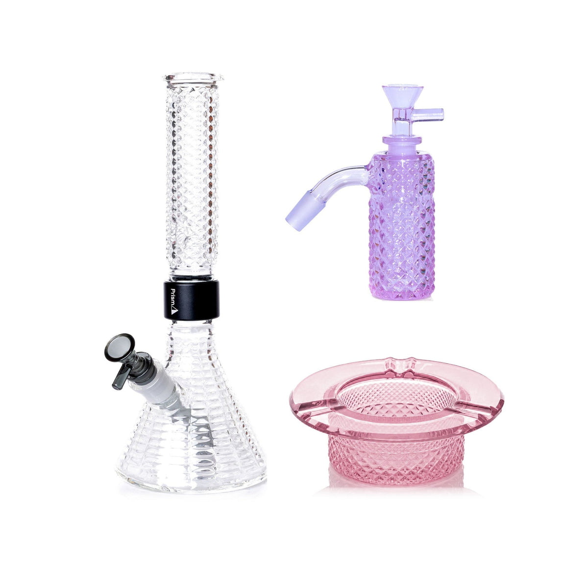 Jane West Premium Bundle: Grape Jolly Rancher 45° ash catcher, Clear Jane West beaker bong and Pink Lemonade ashtray